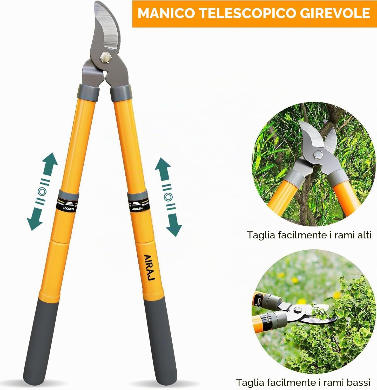 AIRAJ Troncarami Telescopico 42-61cm, Con Lame Affilate e Manici Allungabili, Bypass per La Potatura di Rami Secchi e Umidi