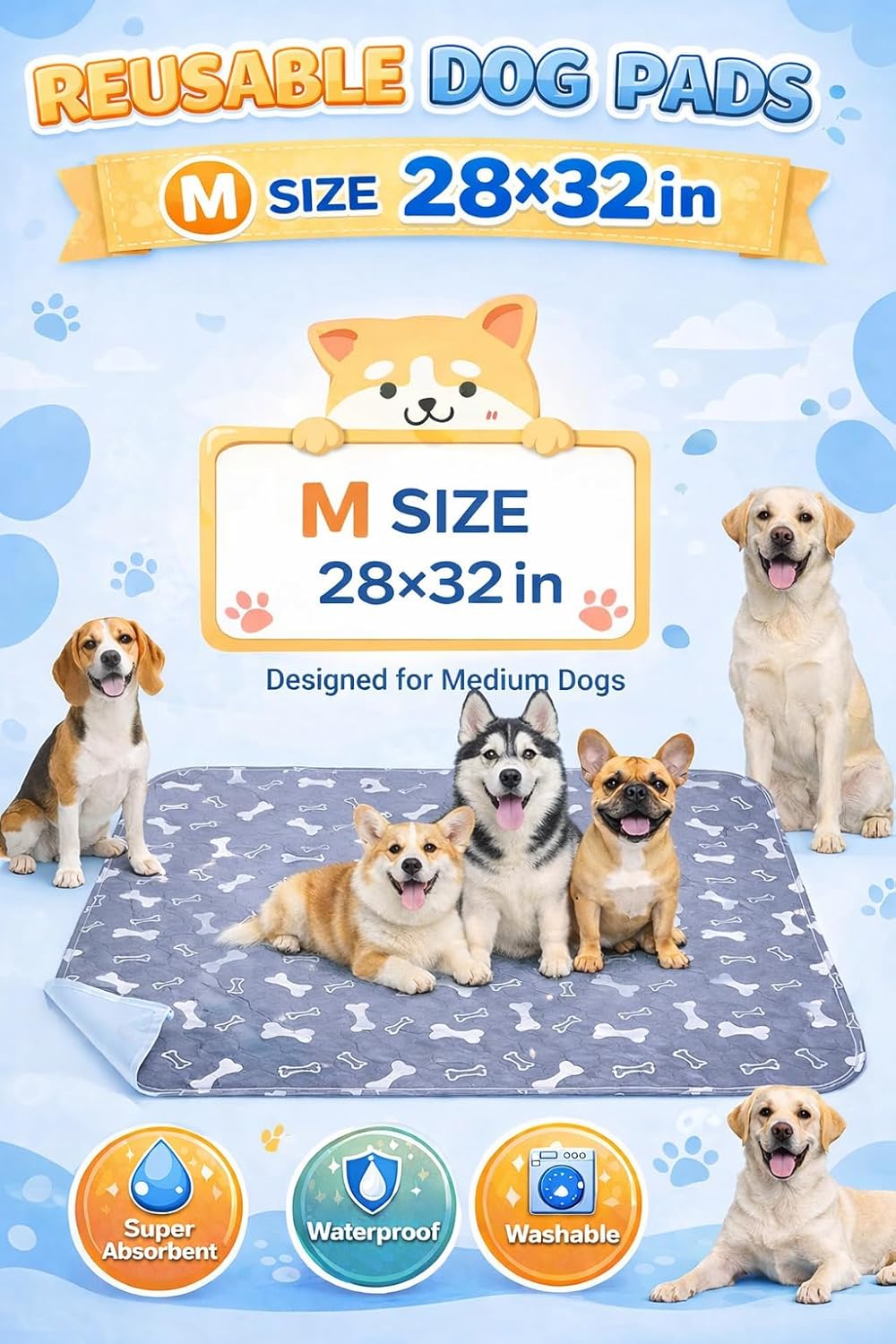 Puppy Pads with pheromones, 2026 Upgraded Washable Puppy Pads for Dogs & Cats, Pee Pad - Leak & Odor Waterproof, Non-Slip Base, Easy to Clean & Reusable (Grey, M: 28" × 32")