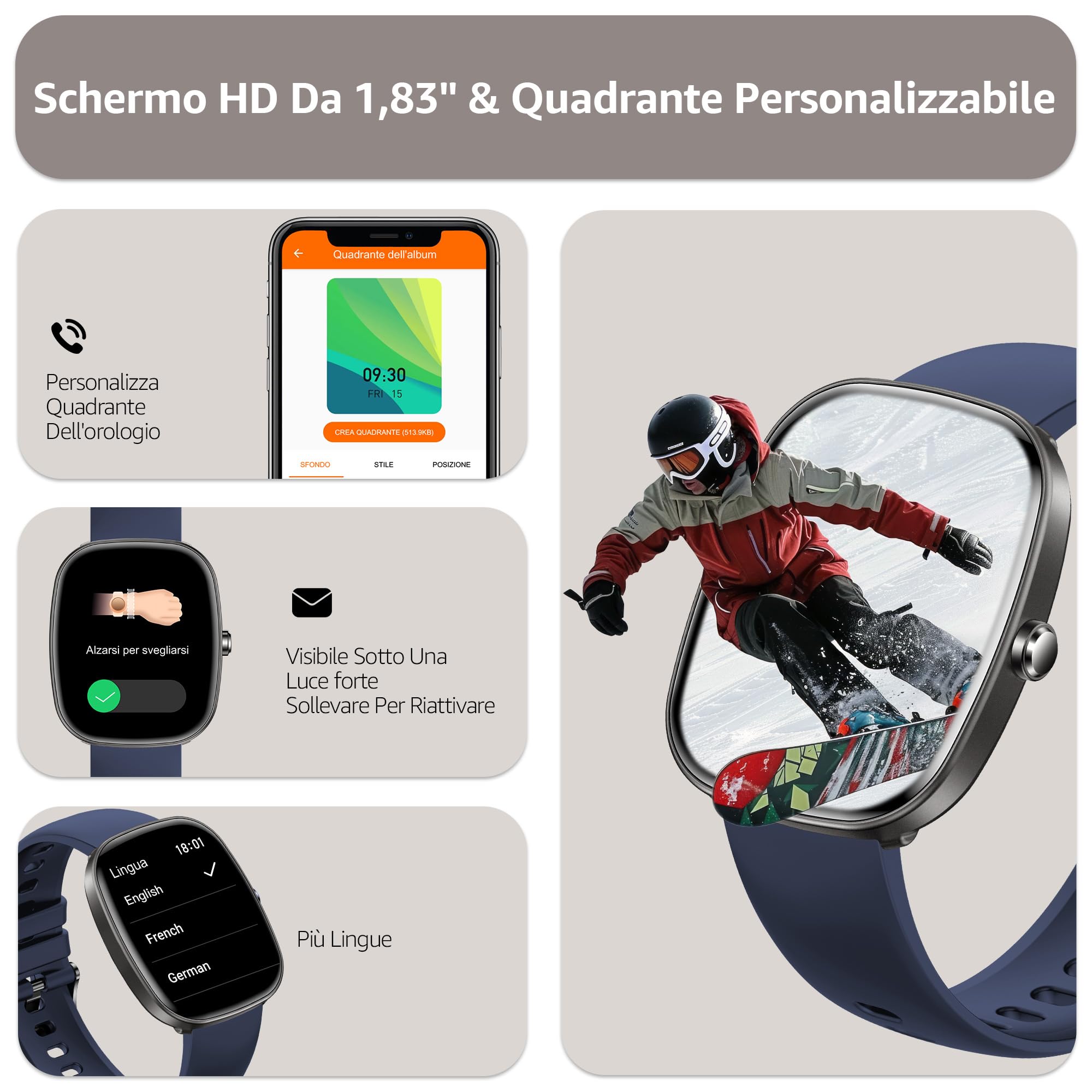 Smartwatch Uomo Donna (Rispondi/Effettua Chiamate), 1.83" Orologio Smartwatch con Contapassi/Sonno/SpO2/Cardiofrequenzimetro, 100+ Modalità Sportive, IP68 Impermeabile Fitness Tracker per iOS Android