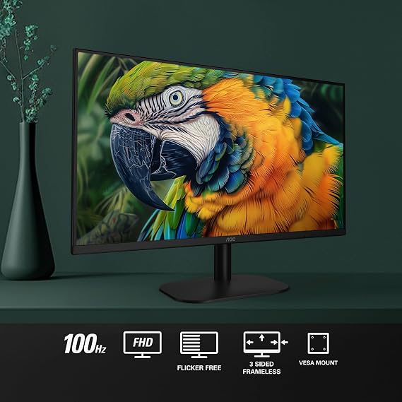AOC 24B2H2 24 Frameless IPS Monitor, FHD 1920x1080, 100Hz, 106% sRGB, for Home and Office, HDMI x2, Low Blue Mode, VESA Compatible, Black