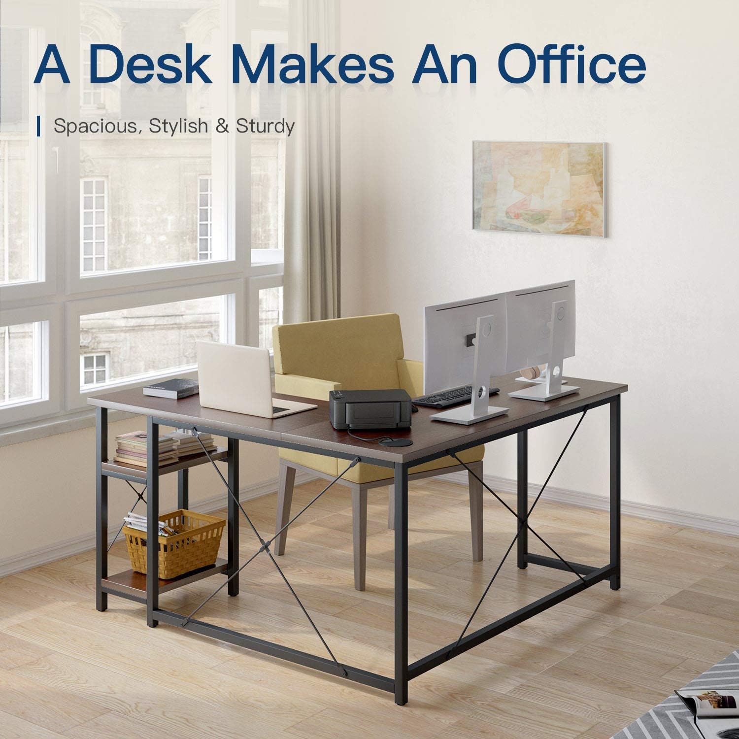 Coleshome 55" L Shaped Computer Desk with Storage Shelves, Gaming L Desk, Writing Workstation for Home Office, Space-Saving Corner Table, Easy to Assemble (Coffee Walnut)