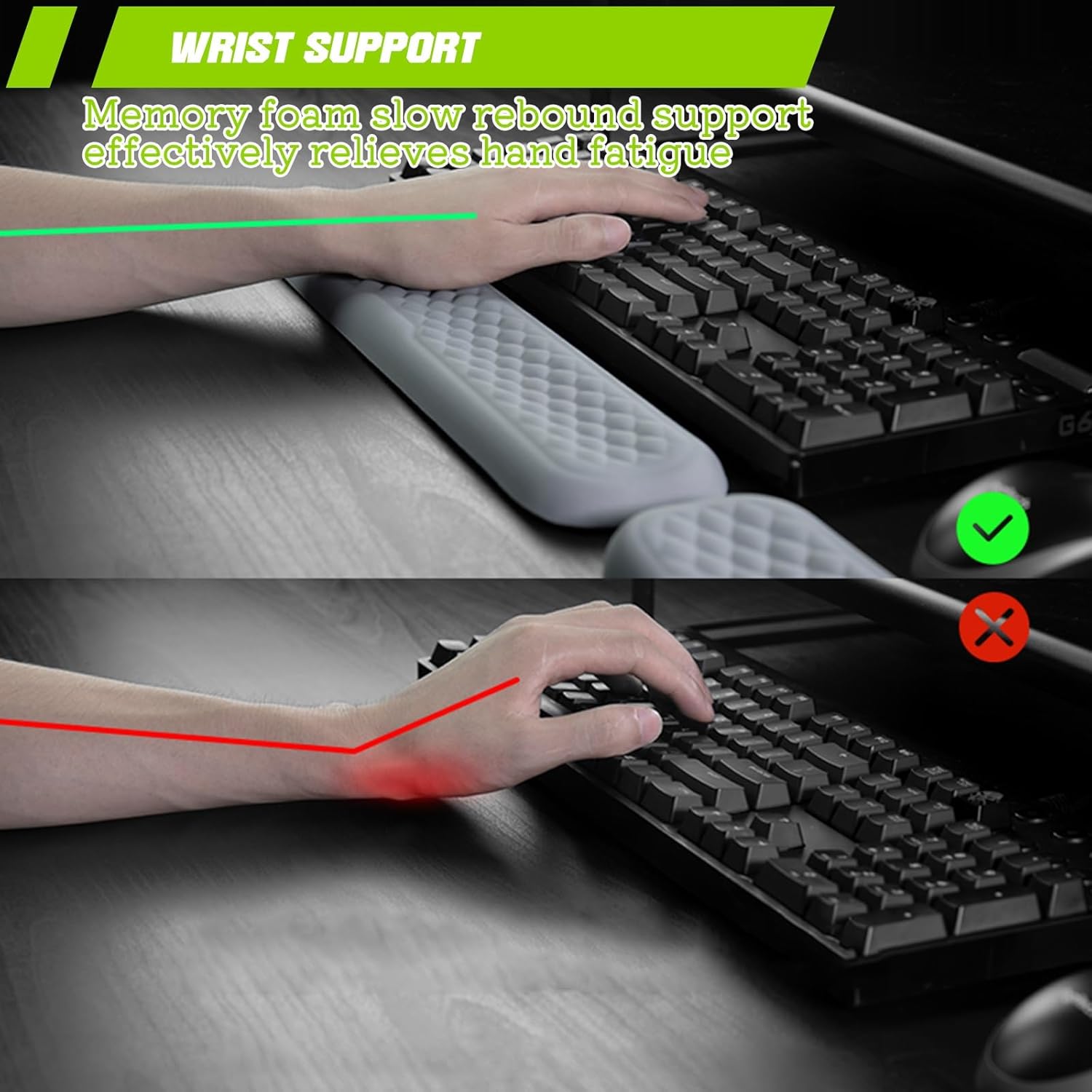 Ergonomic Wrist Rest for Keyboard and Mouse, Soft Memory Foam Arm Cushion for Desk, Non-Slip Base Fits, Full-Sized Keyboards, Ideal for Work and Gaming(Black,L-44x8x1.8cm)