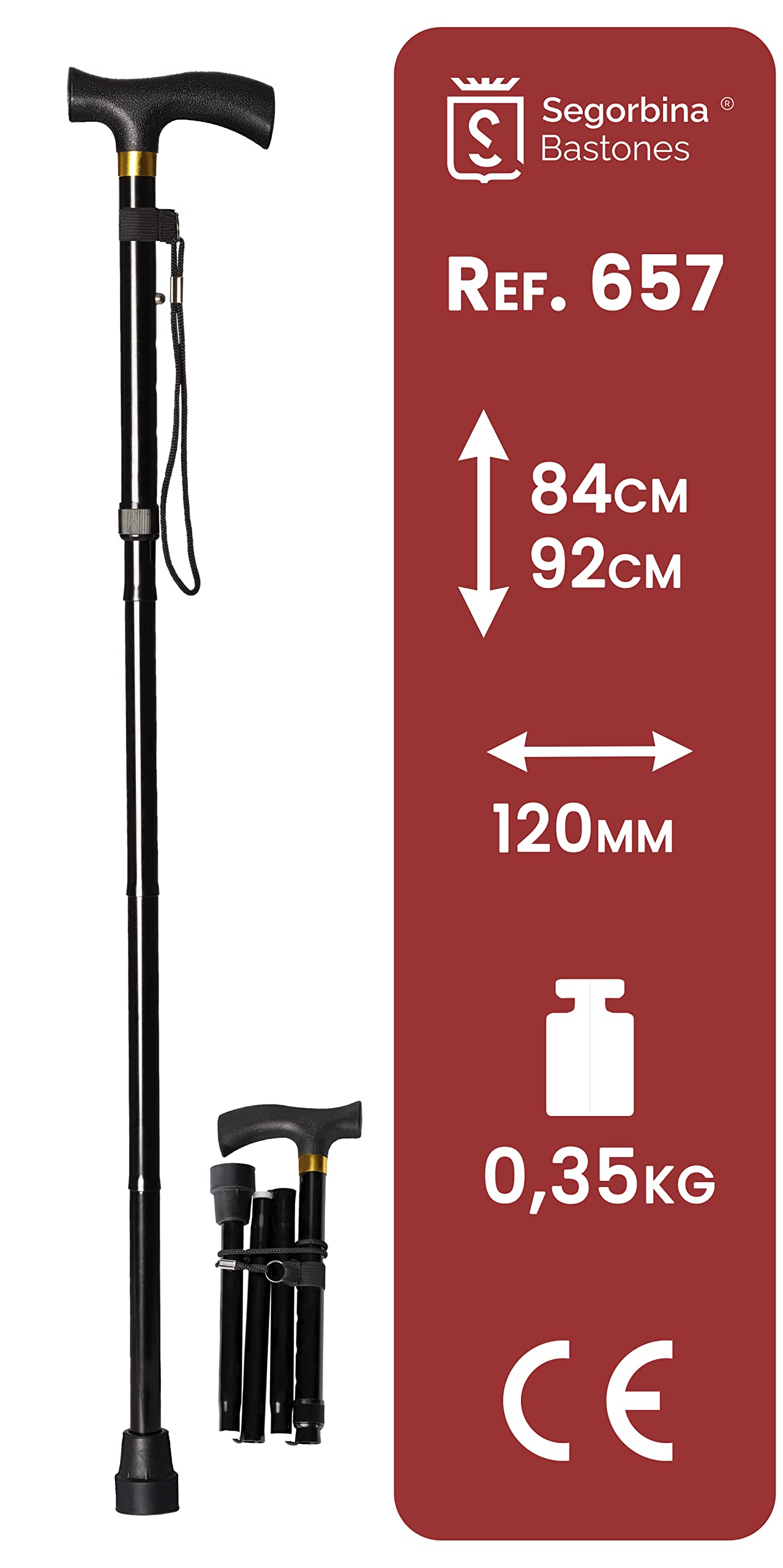 Canne Béquille Marche Aluminium Pliable et Réglable en Hauteur 84-92cm, Couleur Noir Poignet Soft (657)