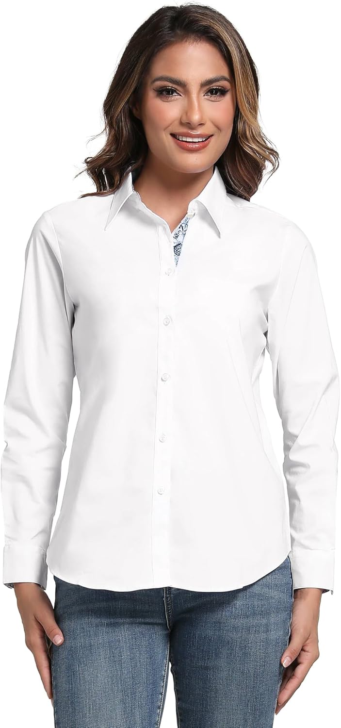 Esabel.C Womens Dress Shirts Cotton Long Sleeve Regular Fit Stretch Button Down Blouse - Image 2