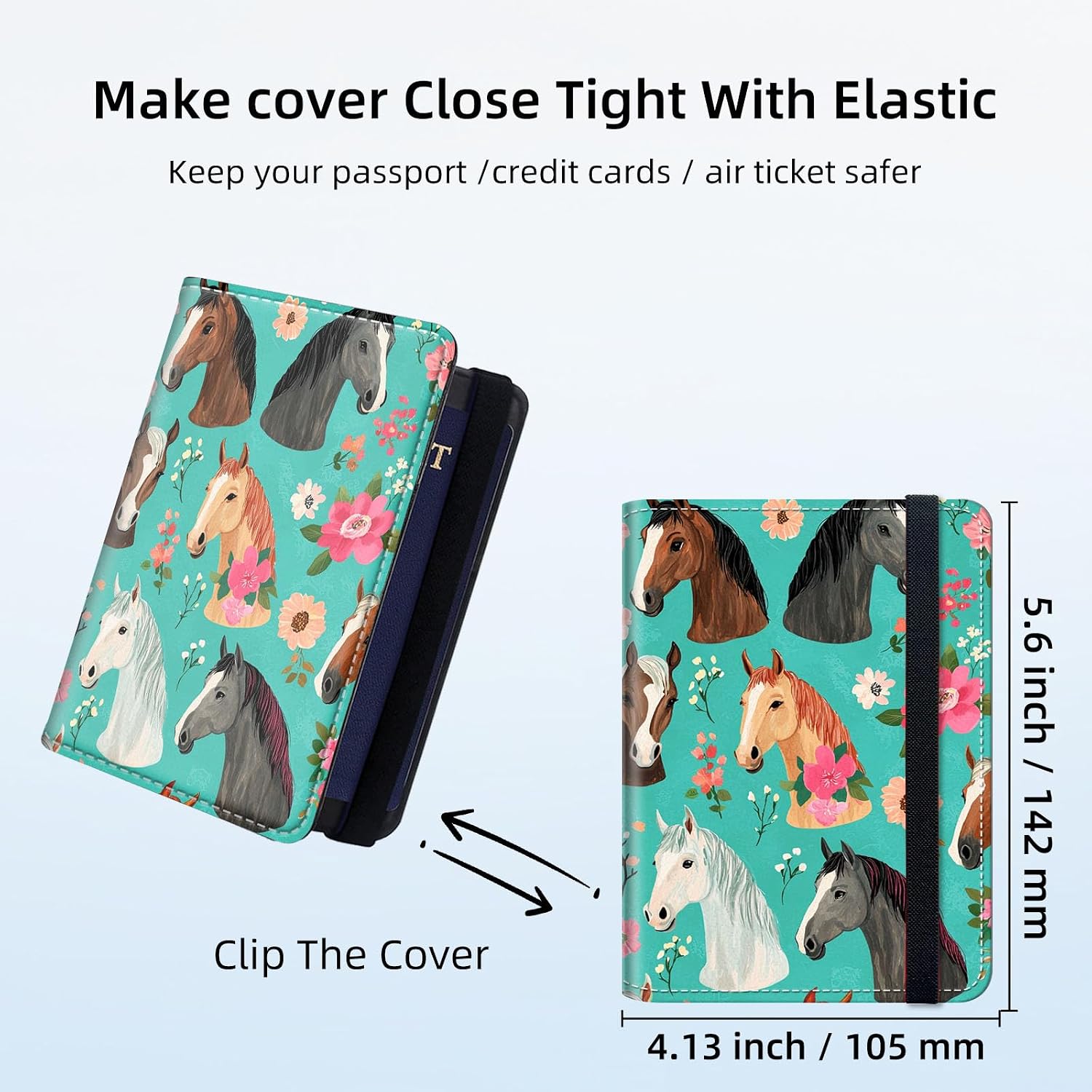 RFID Security Premium Passport and Travel Document Holder Combo, Slim PU Leather Folio Wallet with 3 Card Slots & Boarding Pass Pocket, Secure Elastic Closure Organizer, Horses in Teal with a Floral
