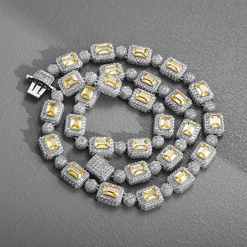 Solid Gold over S925 Sterling Silver Square Moissanite Yellow Gemstone Necklace, Hip Hop Tennis Chain, Men's Fashion Gift - Image 4