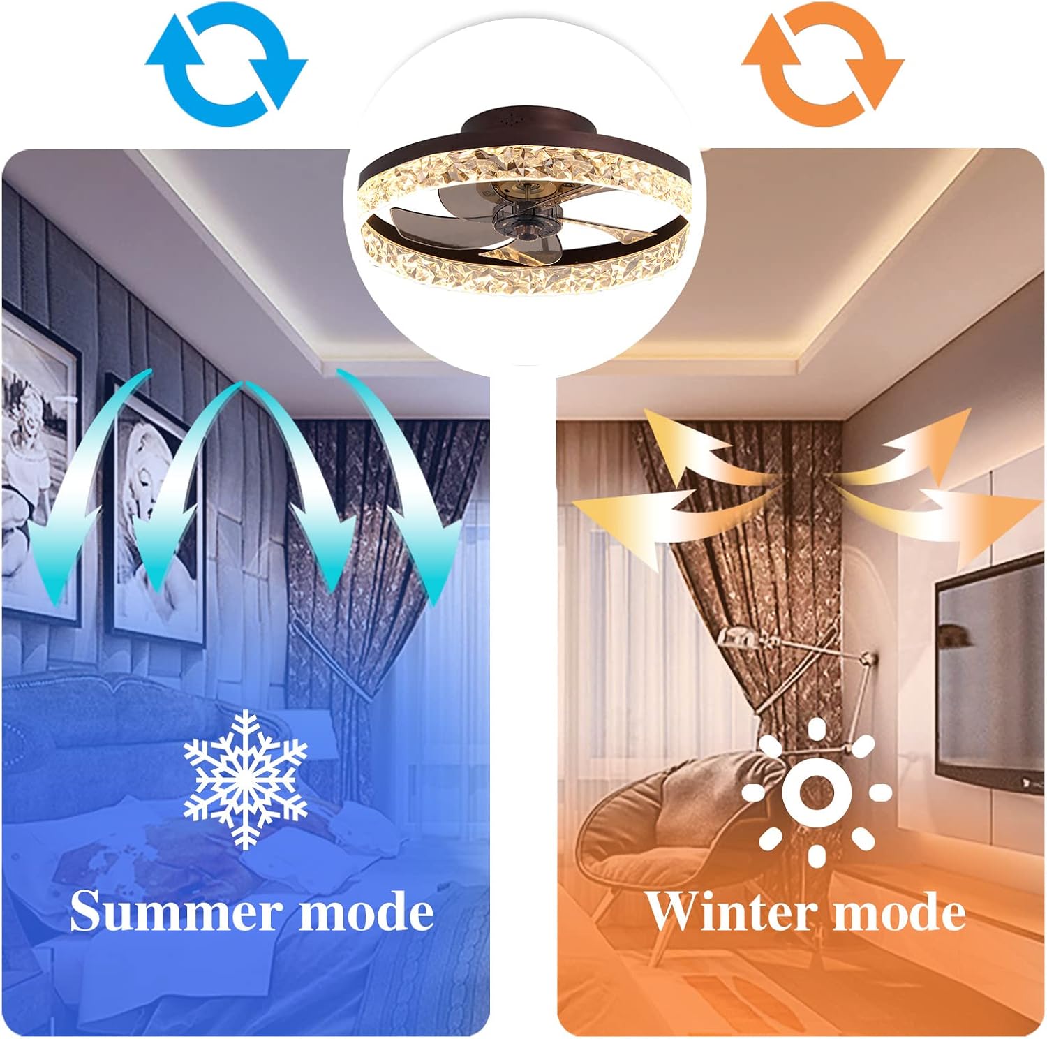 YUEGOO Ceiling Fans with Lamps,Remote App Control Dc Reversible Crystal Ceiling Fan Chandelier Silent Dimmable Ceiling Fan with Led Lamp Winter Summer Mode for Bedroom Living Room/D