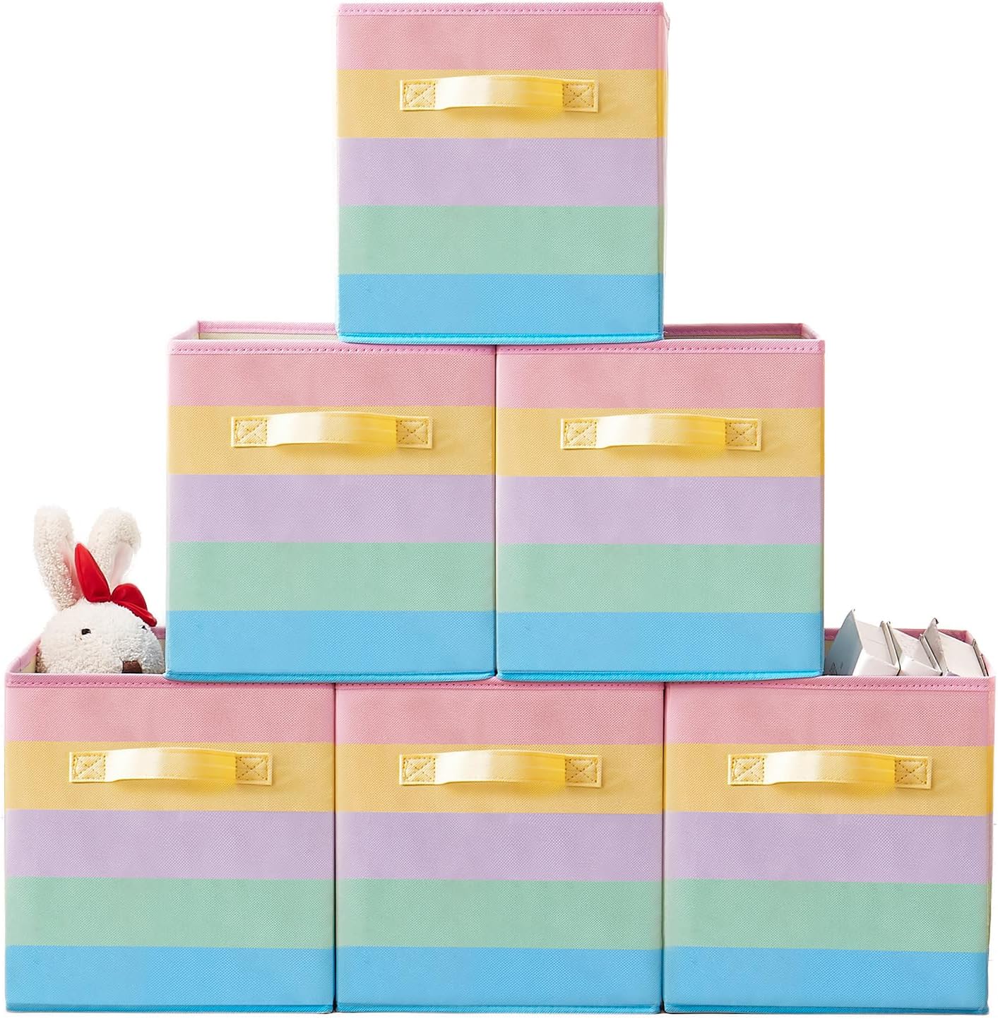 11 Inch Fabric Collapsible Storage Cubes,6 Pack Rainbow Colored Closet Storage Bins with 2 Handles Foldable Cube Baskets for Organizing Clothes, Toys, Books 11 Inch Fabric Collapsible Storage Cubes,6 Pack Rainbow Colored Closet Storage Bins with 2 Handles Foldable Cube Baskets for Organizing Clothes, Toys, Books