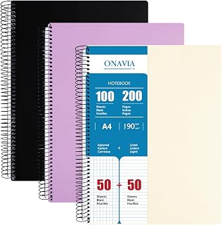 ONAVIA Collegeblock A4 Kariert und Liniert, 3 Stück, 100 Blatt, 3 Farben