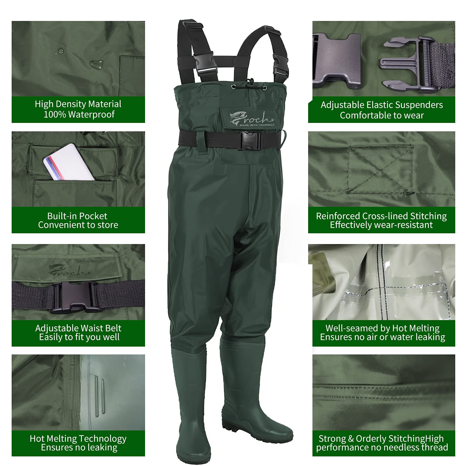 Croch Waders pesca Stivali da pesca per uomo e donna, impermeabili, in PVC e nylon con gomma, taglia 46, ideali per la pesca, verde,