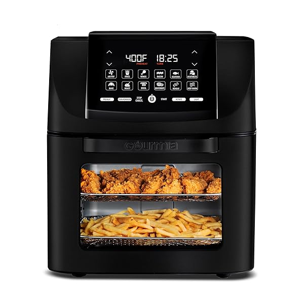 Gourmia Air Fryer - 14 Qt All-in-One Oven with Rotisserie, Digital Display with 12 Presets, Roast, Bake, Broil, Dehydrate, Dishwasher Safe Accessories, Black