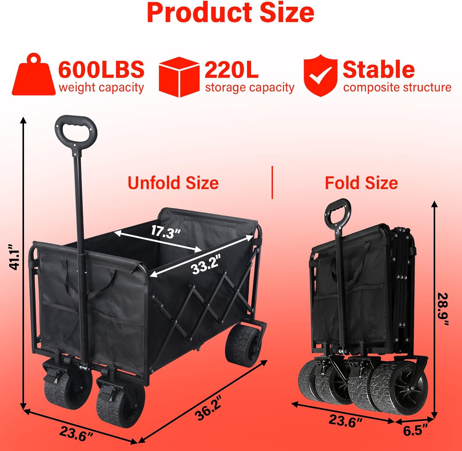 Collapsible Wagon Cart Foldable, 600LBS Beach Wagon with Big All-Terrain Wheels & Brakes, Heavy Duty Folding Utility Carts with Cup Holders for Garden, Camping, Sports, Groceries, Shopping