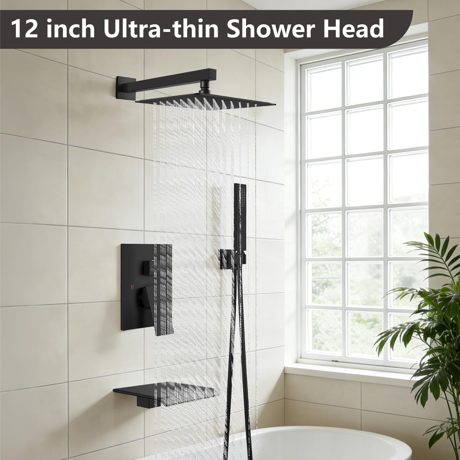 Sistema de ducha con caño para bañera, juego de grifería para bañera y ducha con cabezal de lluvia cuadrado y rociador de mano, juego de grifería de pared para bañera con válvula y kit de embellece