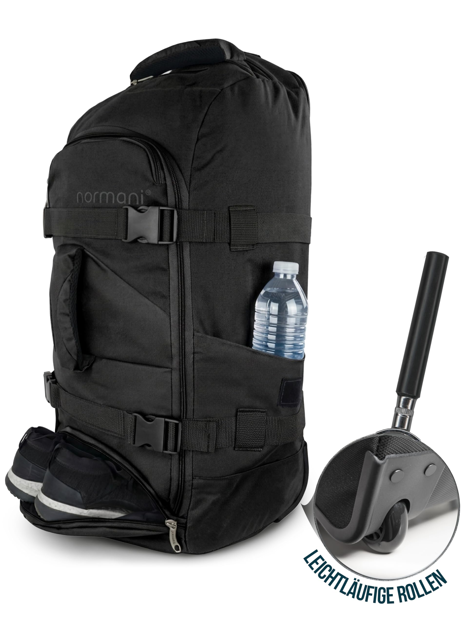 normani Reisetasche Trolley mit Rucksackfunktion 90 Liter - Backpacker mit Frontloader praktischer Reisetrolley und Rucksack in Einem mit 7 Fächern Schwarz 90 Liter