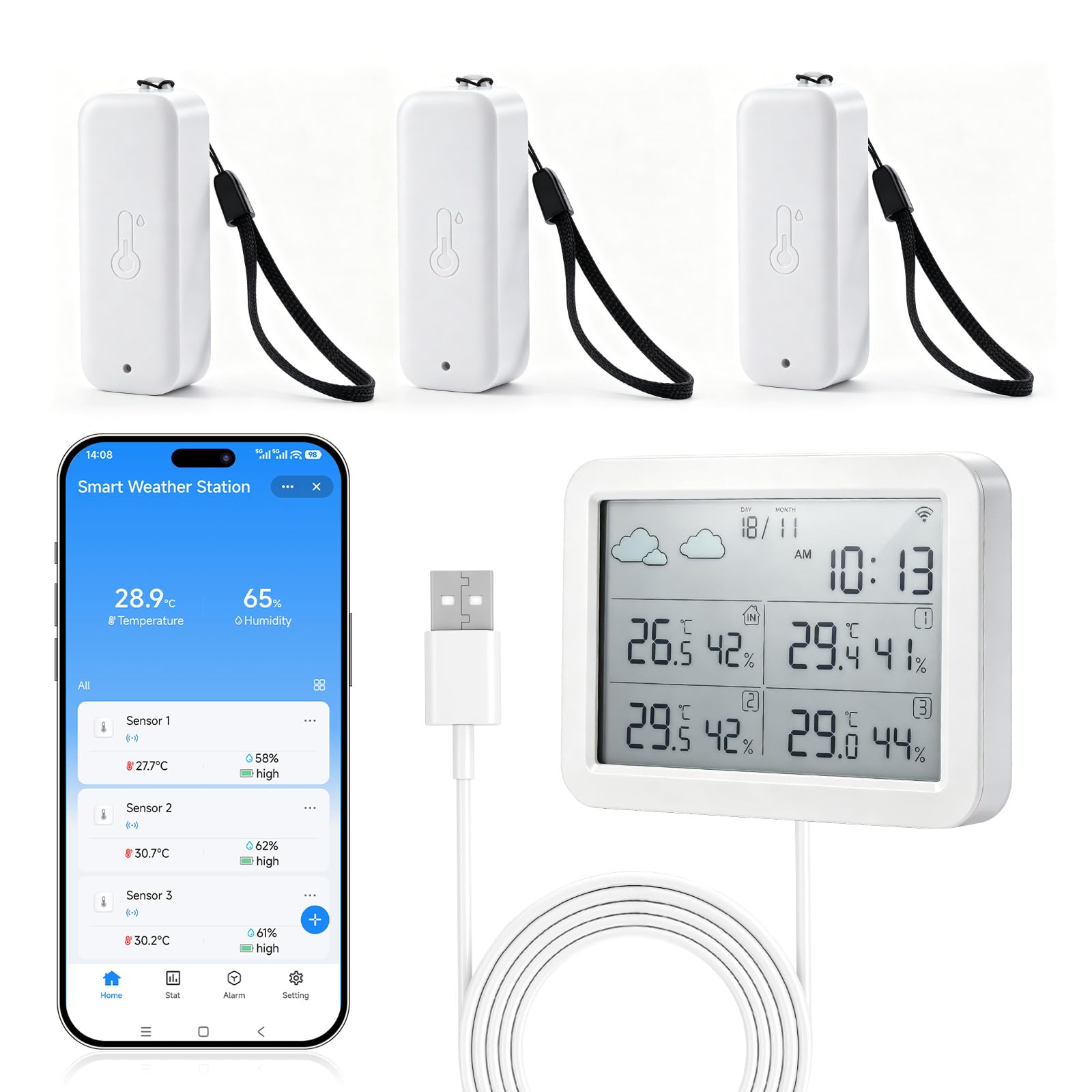 Station météo Wi-Fi avec capteur extérieur, station météo avec 3 capteurs extérieurs, thermomètre intérieur et extérieur LCD, thermomètre de température et d'humidité, application Tuya/Smart Life