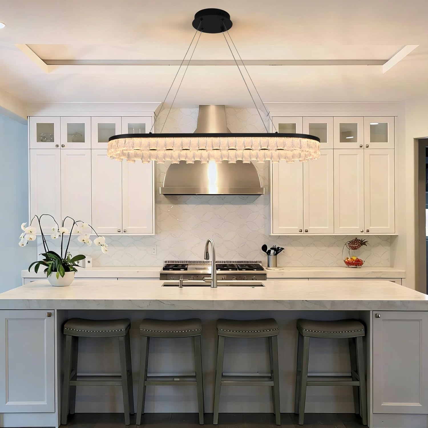 35-Inch Modern Chandeliers for Dining Room,Black Dimmable Linear Led Chandelier with Remote Controller,Rectangular Kitchen Island Lighting Over Table (35 inches, Oval)