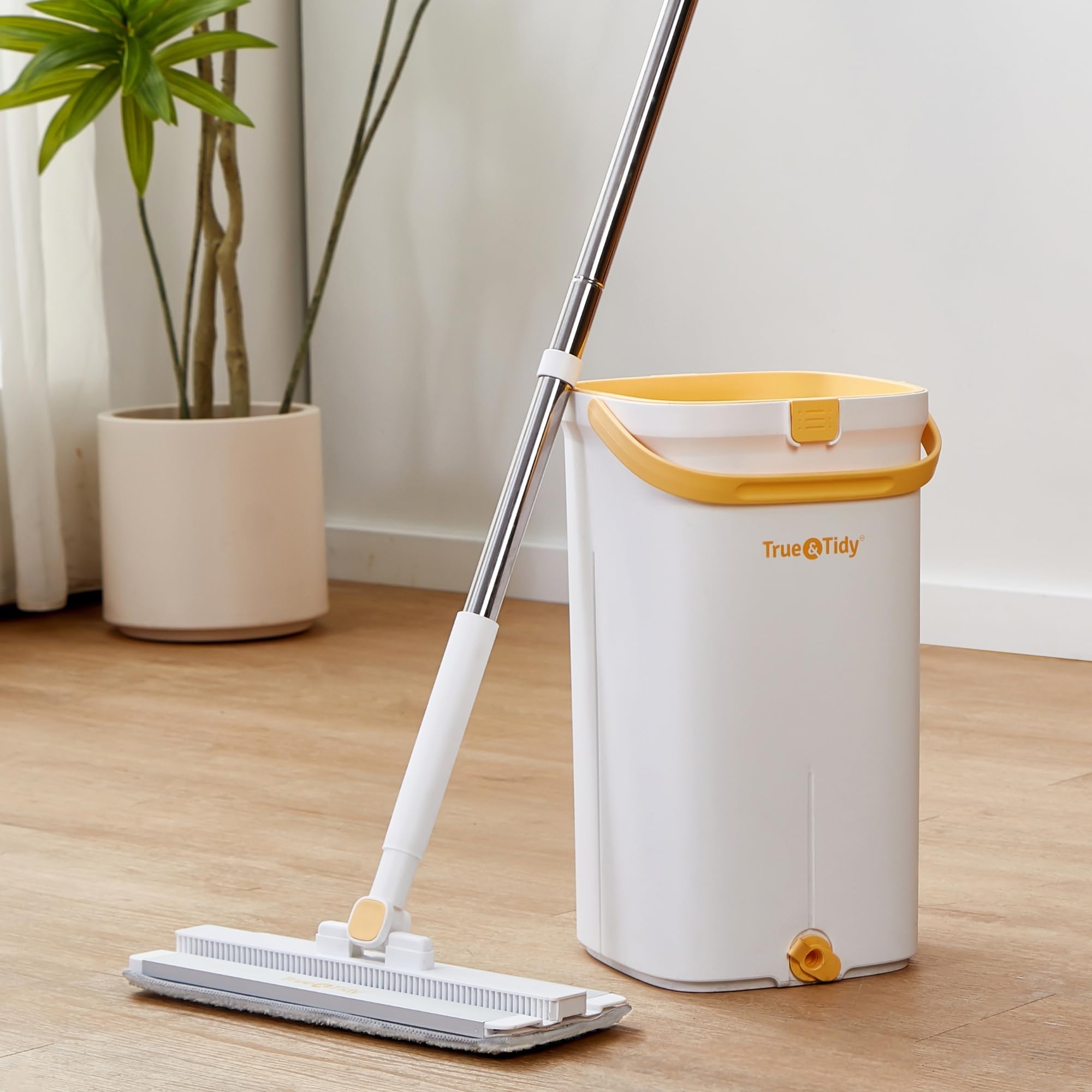 Juego de fregona y Cubo con Sistema de Bomba para el hogar, autolimpieza Manos Libres con 3 Compartimentos para Separar la Limpieza del Agua Sucia, con 2 Almohadillas de Microfibra Lavables a máquina