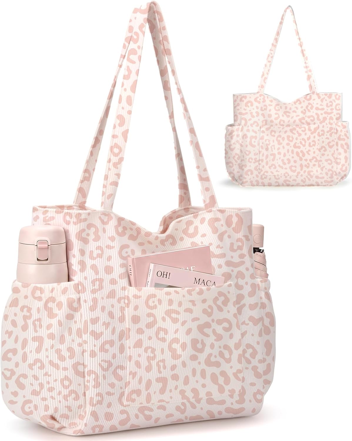 Corduroy Tote Bag for Women,Large Capacity Cute Tote Bags With 6 Pockets,Crossbody Shoulder Handbag for Work Travel Gym
