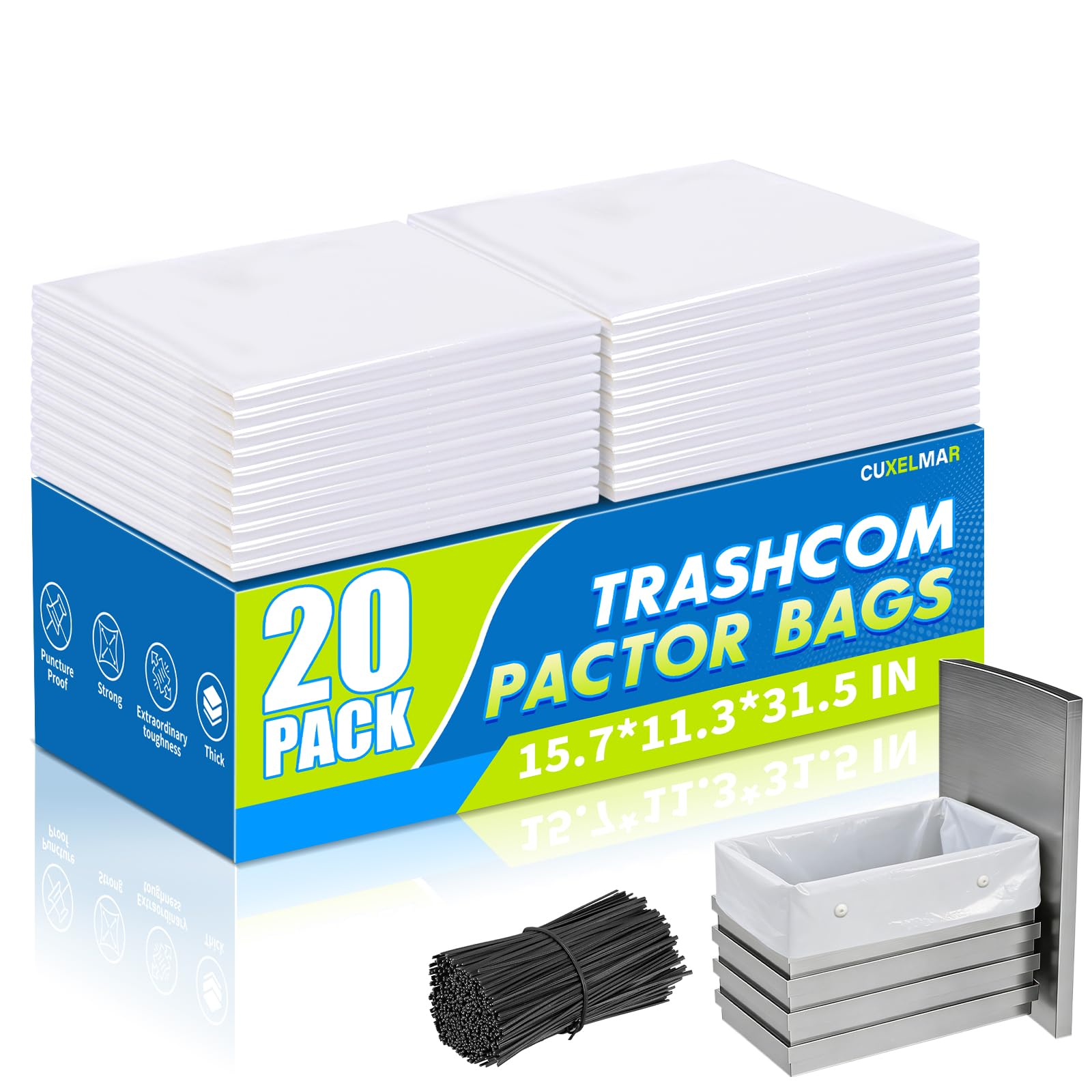 20-pack Trash Compactor Bags with Pre-punched Holes for Attaching, 2.6 mils Heavy Duty Trash Compactor Bags, Fits 15-inch Rectangular Drawer Compactors, Twist Ties Included, White