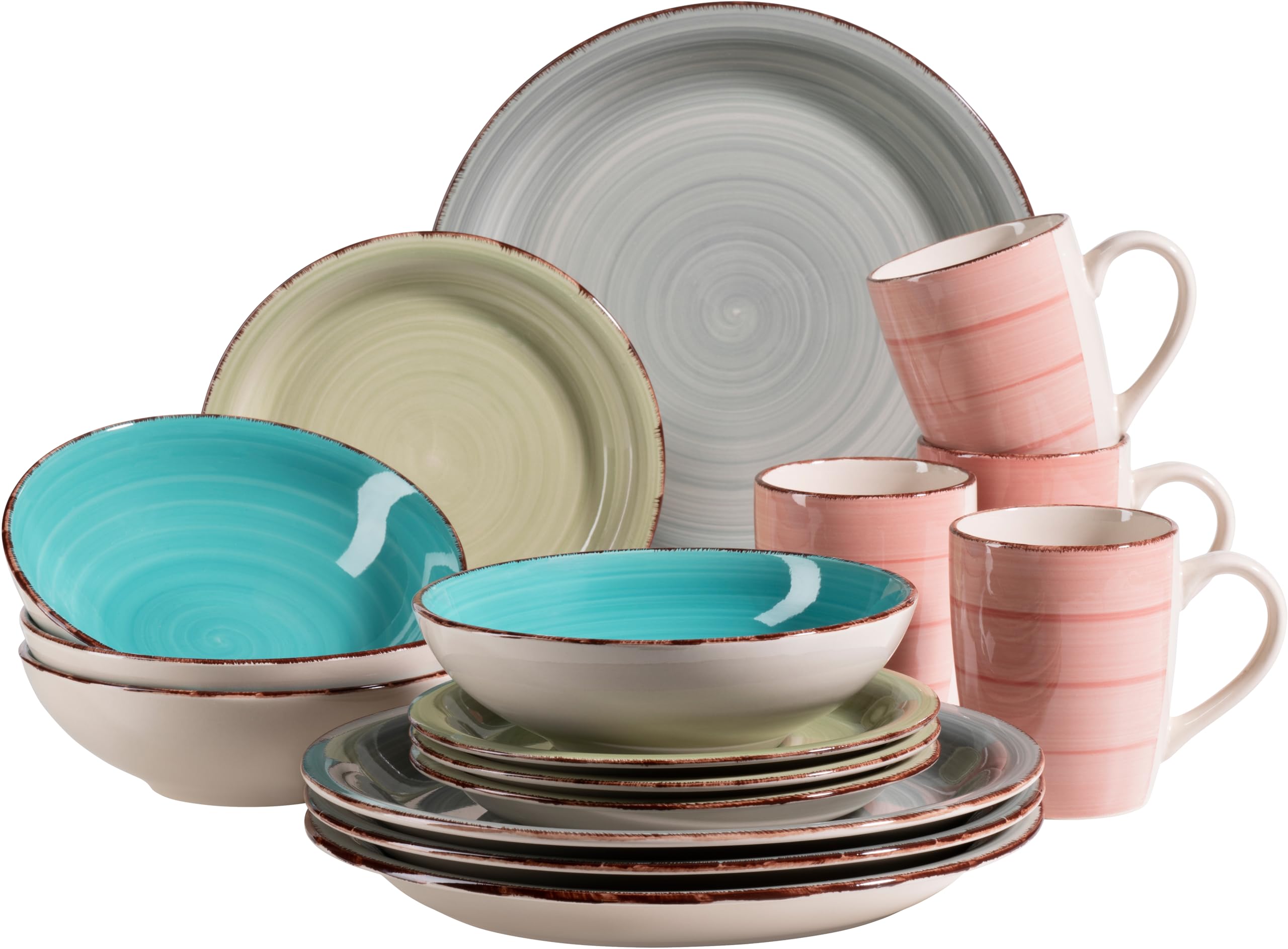 MÄSER 931499 Bel Tempo II 16-teiliges Vintage Geschirr-Set für 4 Personen, handbemaltes Keramik Kombiservice, bunt, Steingut, Rauchblau/Türkis/Grün/Rosa