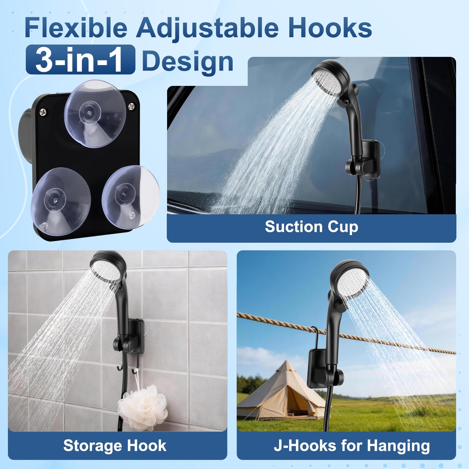 Douche portable pour camping, pompe de douche rechargeable (6000 mAh-IPX7 étanche) avec pommeau de douche, buse de pulvérisation, tuyau de 2 m et crochet, équipement de douche de camping en plein air
