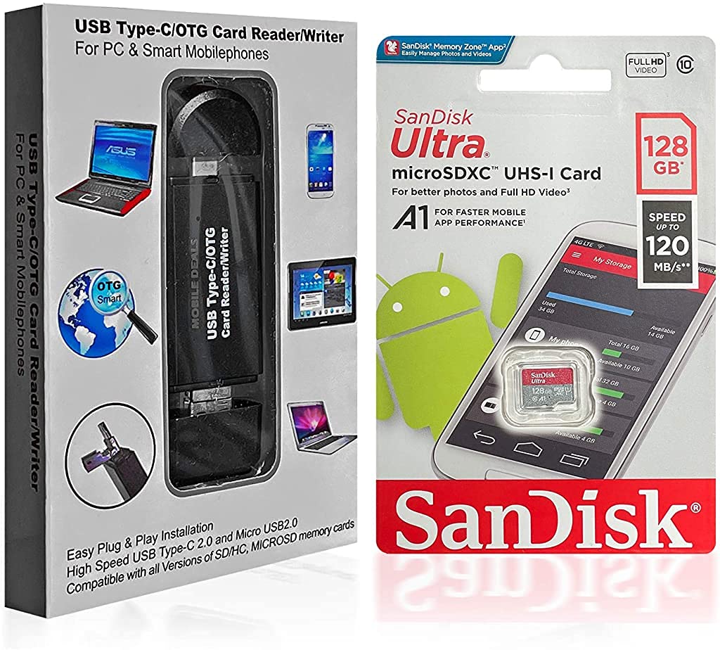 Mobile Deals Portable Memory Card Reader 3-in-1 USB 2.0 and Micro USB to USB-C OTG Adapter for SDXC, SDHC, SD, MMC, Micro SDXC, Micro SD, Micro SDHC, UHS-I + SanDisk 128GB Ultra Memory Card (1-Pack) Mobile Deals Portable Memory Card Reader 3-in-1 USB 2.0 and Micro USB to USB-C OTG Adapter for SDXC, SDHC, SD, MMC, Micro SDXC, Micro SD, Micro SDHC, UHS-I + SanDisk 128GB Ultra Memory Card (1-Pack)