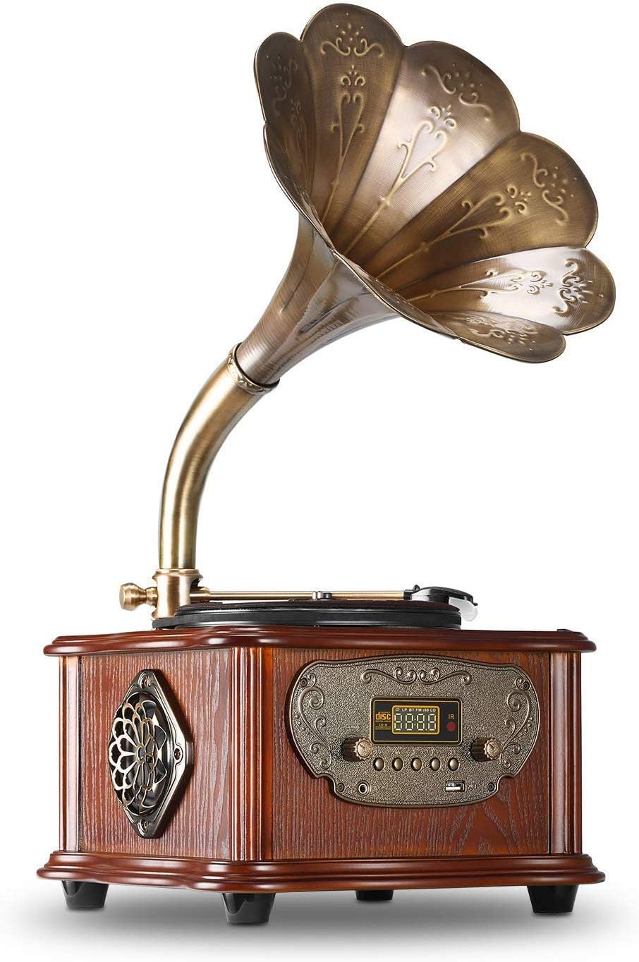 Turntable with Retro Turntable with Built-in Speakers, Supports Vinyl Discs, FM Radio, RCA Output