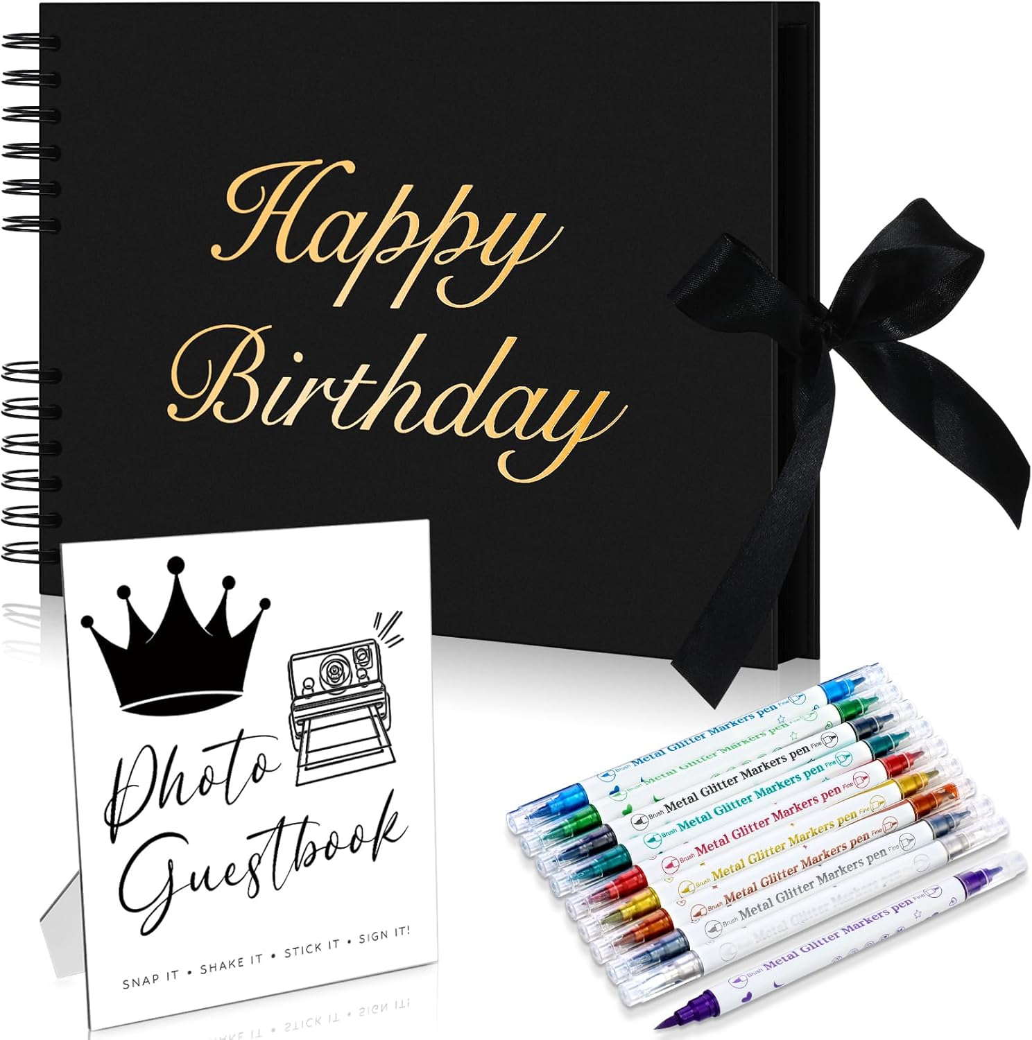 AmazingSpark Birthday Guest Book Set Memory Photo Guest Book Black Gold Decoration Birthday Gift for Men Women Wood Signature Photoprop Party Supply Sign Picture Album for Party Event(Universal)