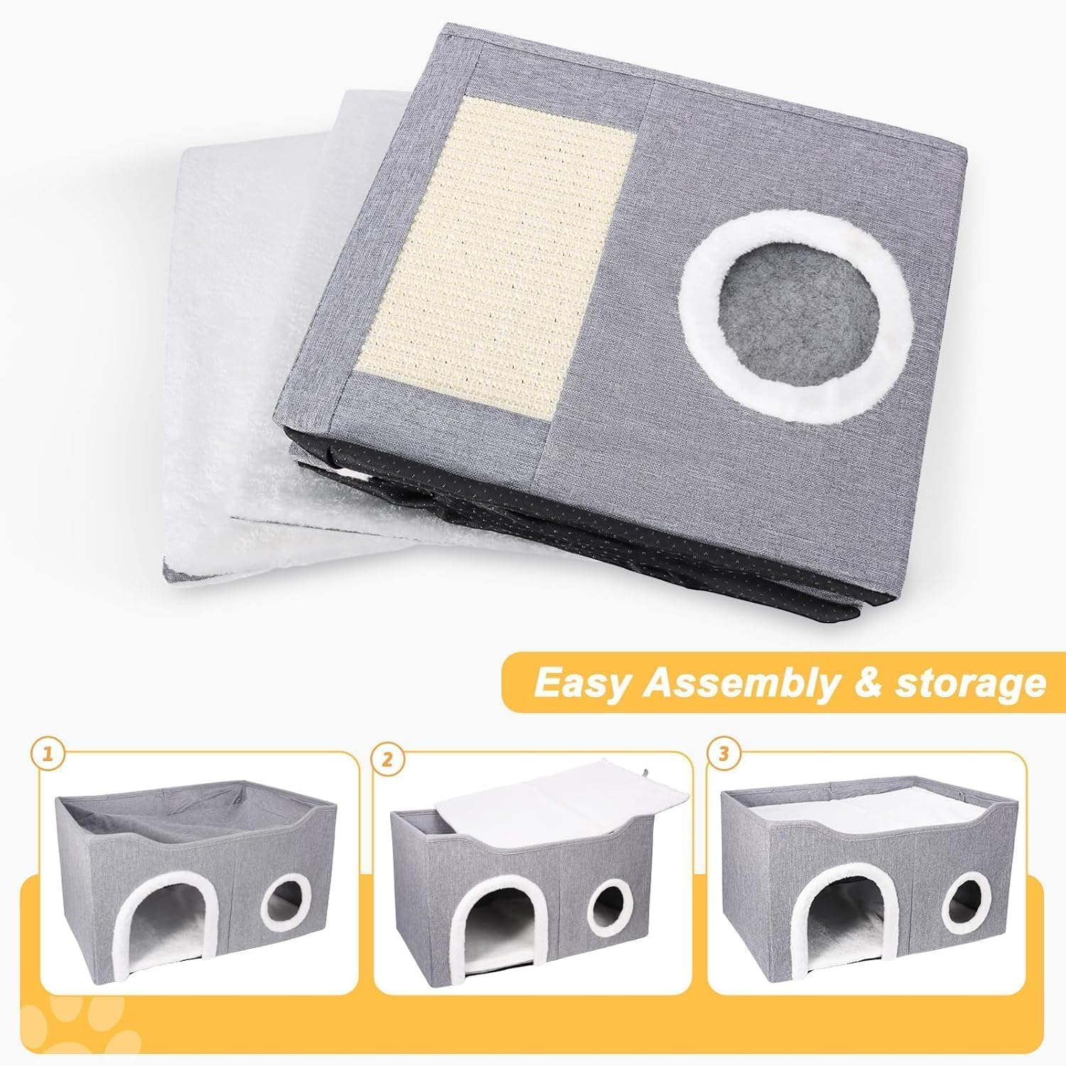 سرير للقطط من تيك هوم، كهف كبير للقطط على شكل بيت للحيوانات الأليفة مزود بكرة معلقة ناعمة ولوح خدش، كهف سرير مغطى وقابل للطي لبيت القطط