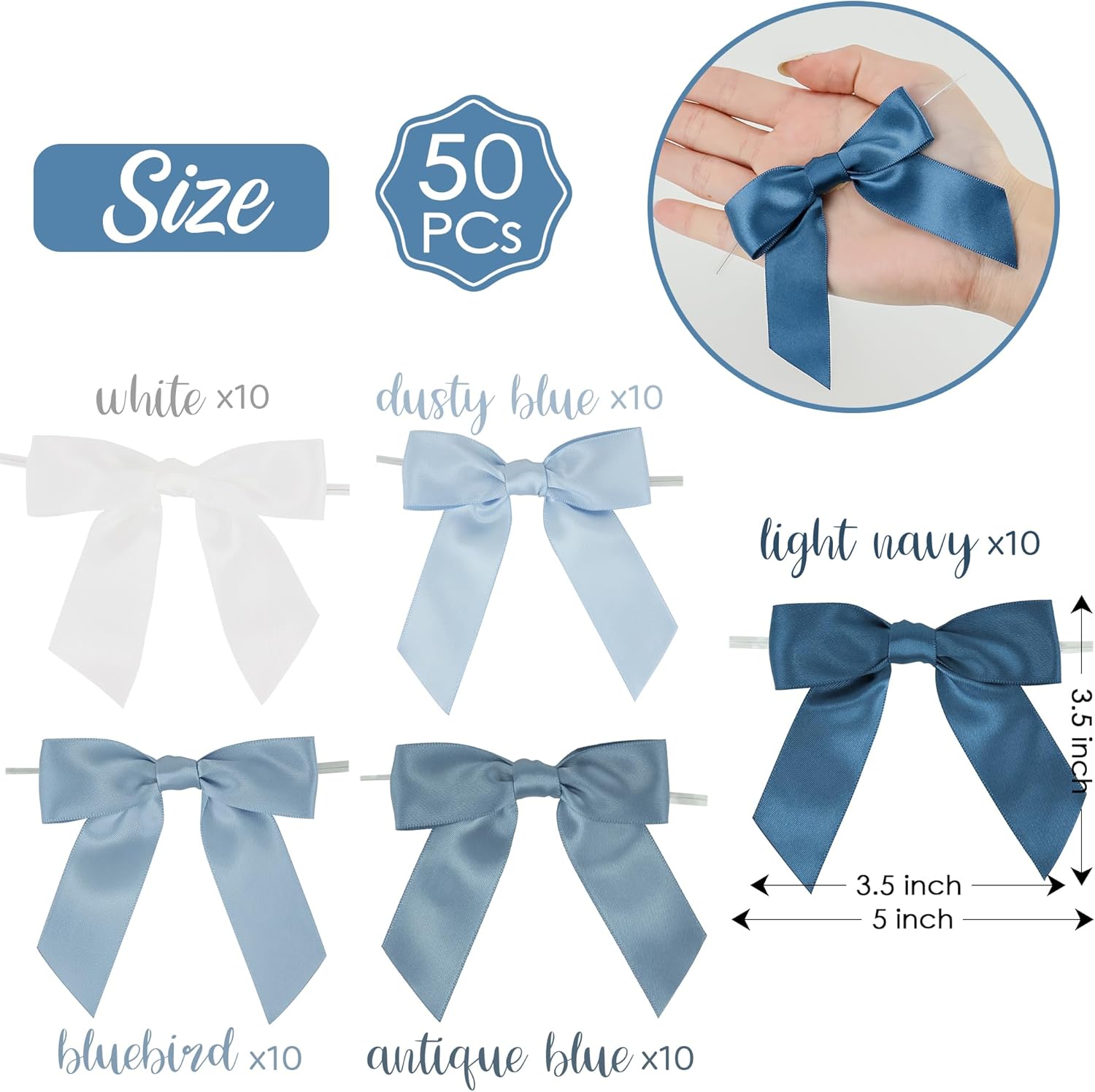 AIMUDI 5 Colors Dusty Blue Twist Tie Bows 3.5" Premade Blue Satin Ribbon Bows for Gift Wrapping Pre-Tied Treat Bows for Wedding Decor, Bridal Shower, Baby Shower, Wreaths, Party Favors - 50 Counts - Image 2