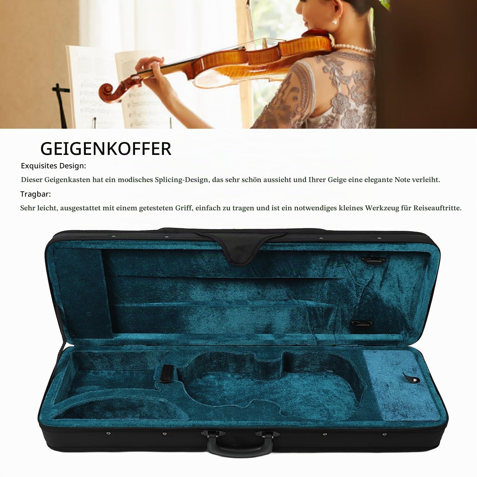 Geigen-Hartschalenkoffer, Leicht, Schützende Tragetasche, Rechteckige Oxford-Stoff-Schaumstoff-Box für 4/4 Violine, Schwarz