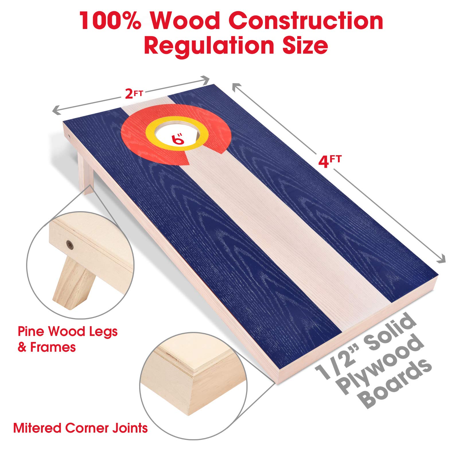 GoSports Zestawy drewnianych otworów Cornhole z serii flag – wybierz amerykańską flagę lub flagi państwowe – zawiera dwie tablice o wymiarach 1,2 m x 0,6 m, 8 worków do siedzenia, futerału i zasady