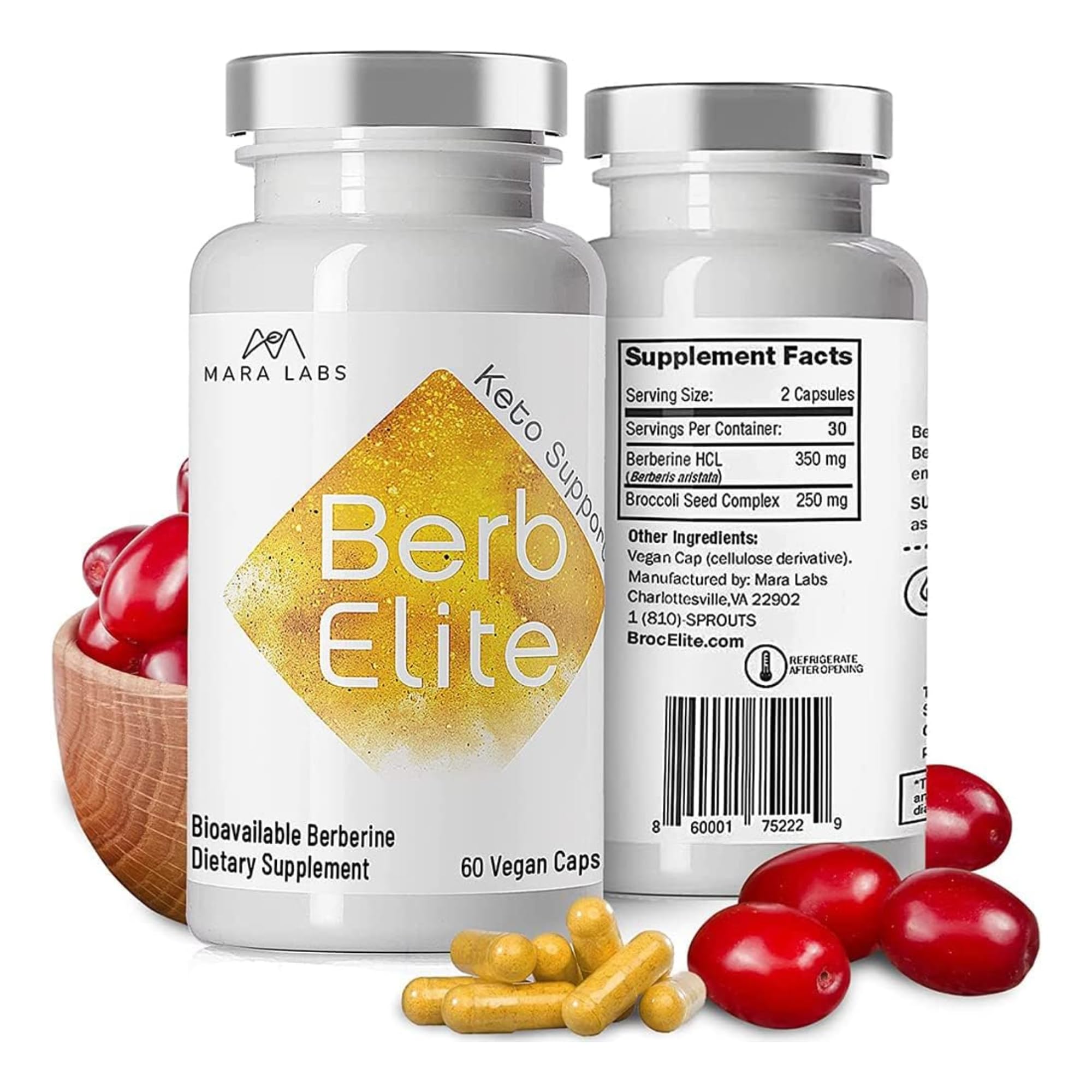 Mara Labs BerbElite | 350mg Berberine HCL & Broccoli Seed Complex for Increase Bioavailability | 60 Vegan Capsules