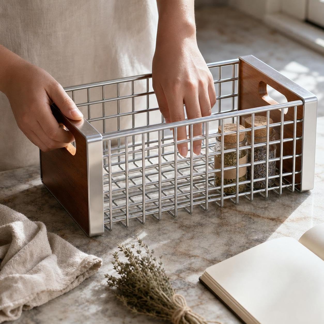 Cesta organizadora metal retro con para el hogar, para la cocina - para el baño, Estante de almacenamiento de aperitivos pequeño galvanizado - 1 nivel - tablero de madera