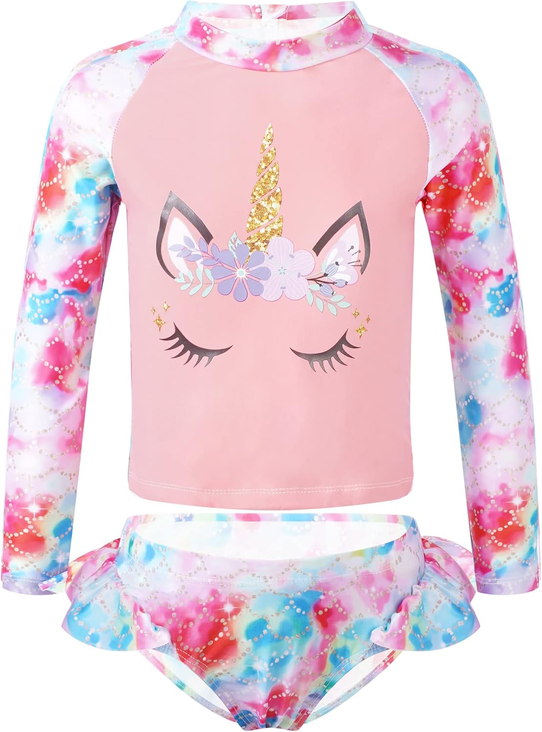 Girls' Cartoon Horse Print Rash Guard Set Long Sleeve Two Piece Swimsuit Bathing Suit with UPF 50+