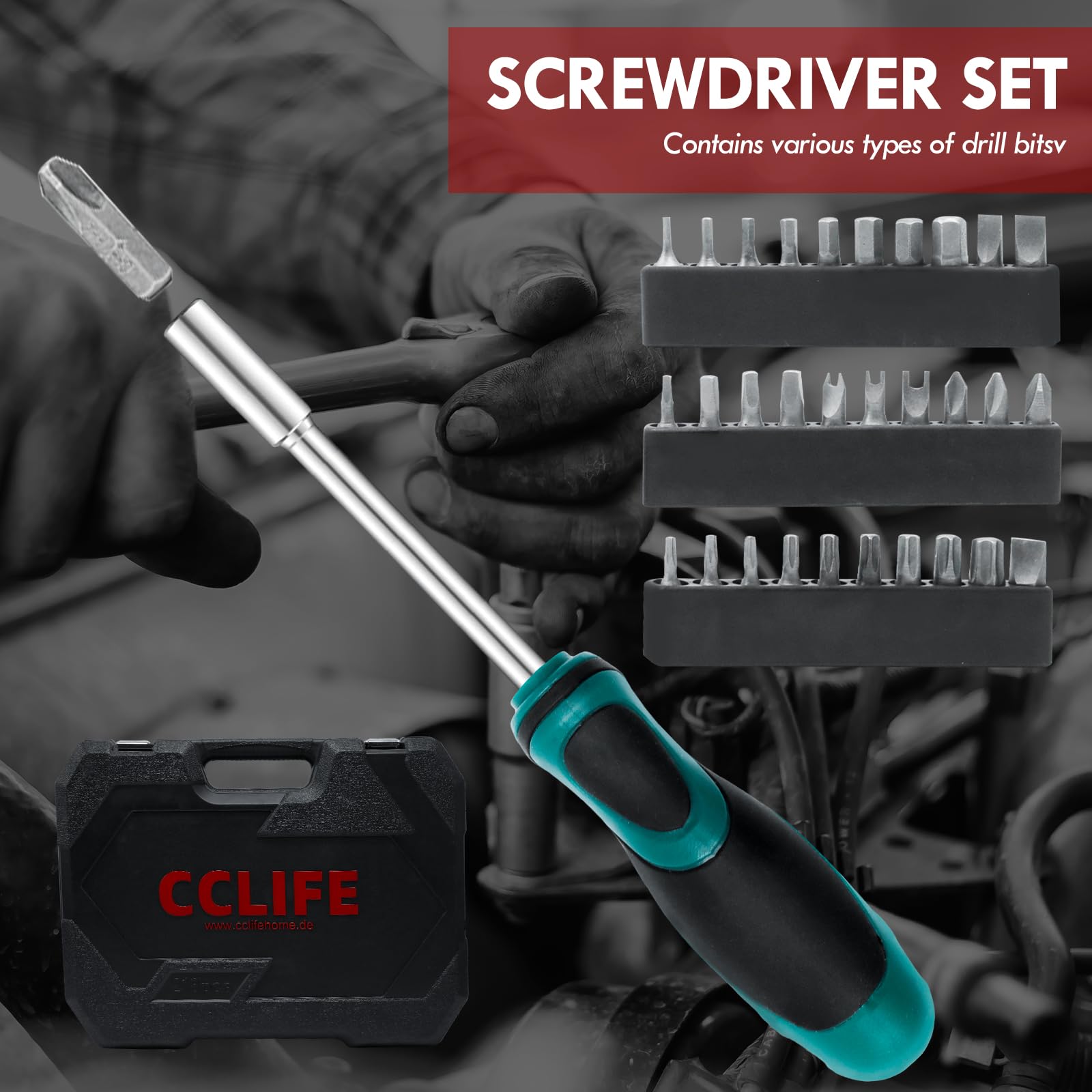 CCLIFE 218 Pezzi Set di Chiavi a Bussola Cr-V con Cricchetto 72 Denti, Bussole und Ed Inserti, Maniglia Girevole, Barra di Prolunga, Kit di Attrezzi Meccanici per Auto