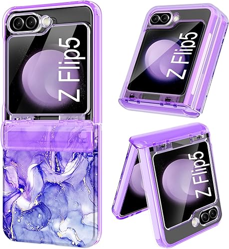 Miniatura 10 de Btscase Funda para Samsung Galaxy Z Flip 5, protector de pantalla frontal integrado, patrón de mármol dorado con purpurina de policarbonato duro,