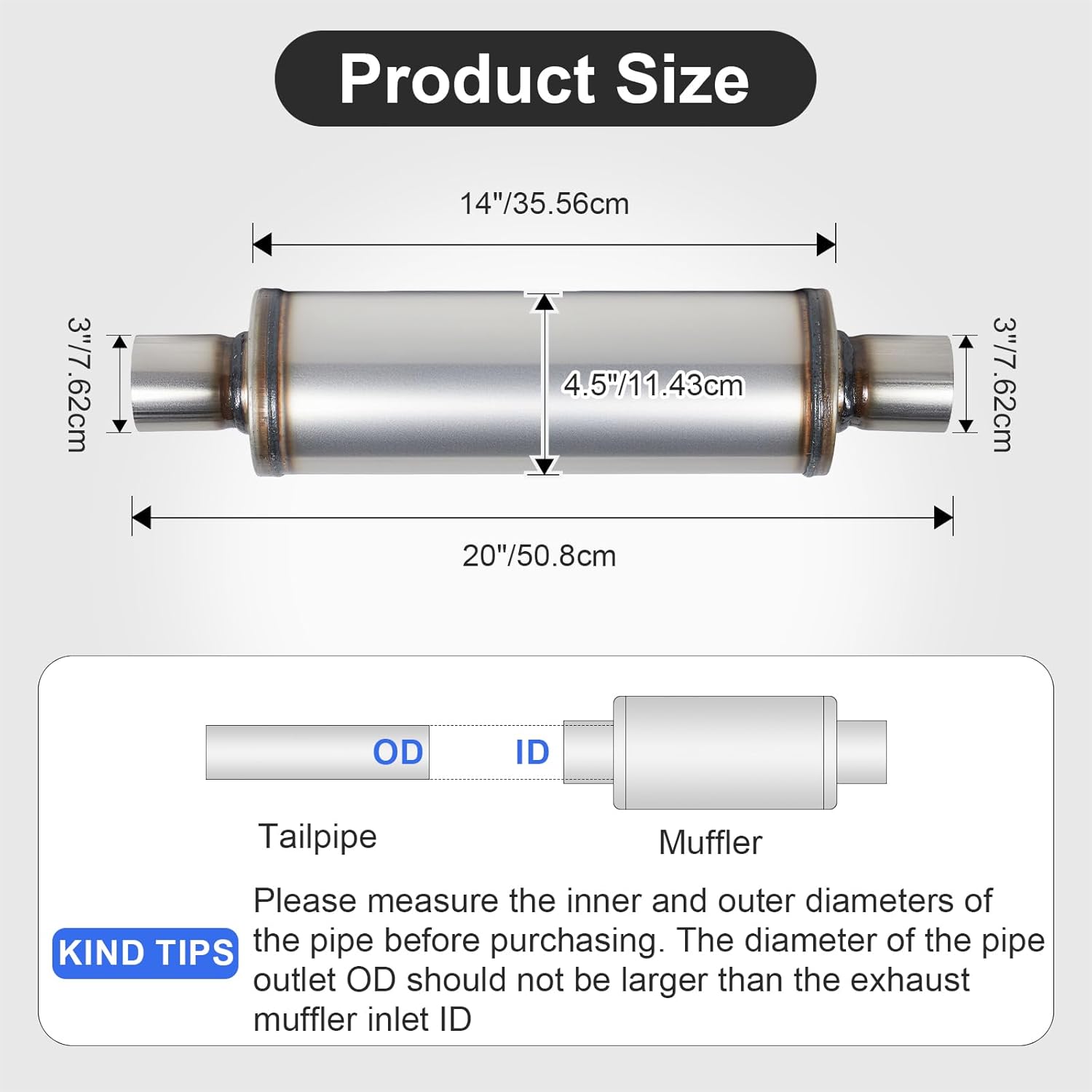 ELSHINE Exhaust Muffler, Universal Muffler for Cars Trucks, Stainless Steel Straight-Through Performance, 3" Inlet/Outlet, Overall Length 20", 4.5" Body Diameter