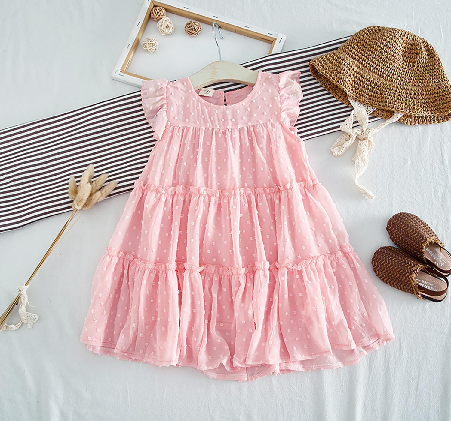 YETANLID Baby Girls Ruffle Dress Sleeveless Summer Chiffon Dress Flower Girls Swiss Dot Flowy Pleated Party Dress Pink-Swiss Dot Size 1-2T