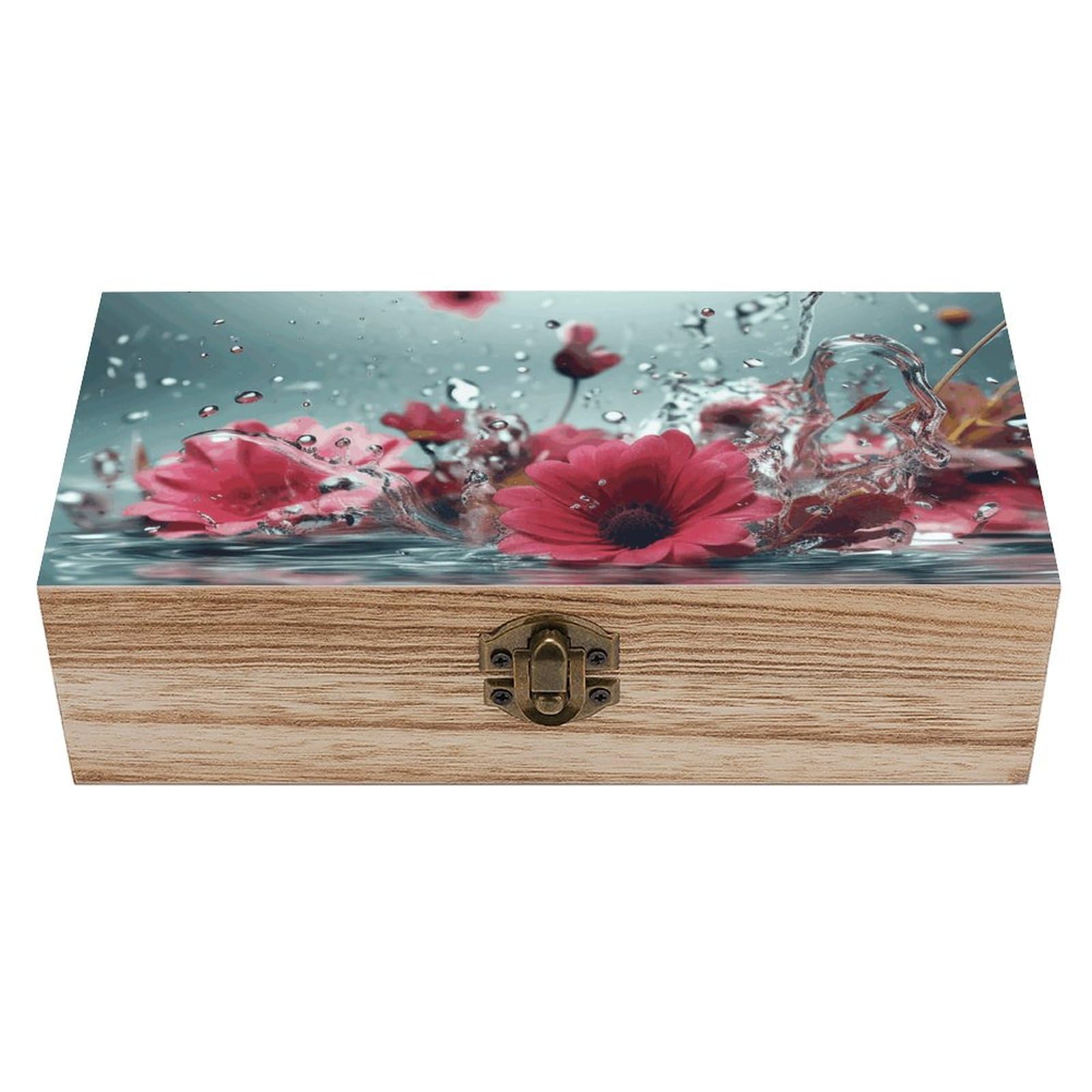 Boîte en bois souvenirs et fleurs tombant dans l'eau pour salon zen