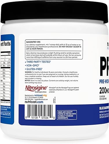 Miniatura 4 de Nutricost Polvo complejo pre-entrenamiento (30 porciones, frambuesa azul) - Suplemento pre-entrenamiento con beta-alanina, taurina y aminoácidos