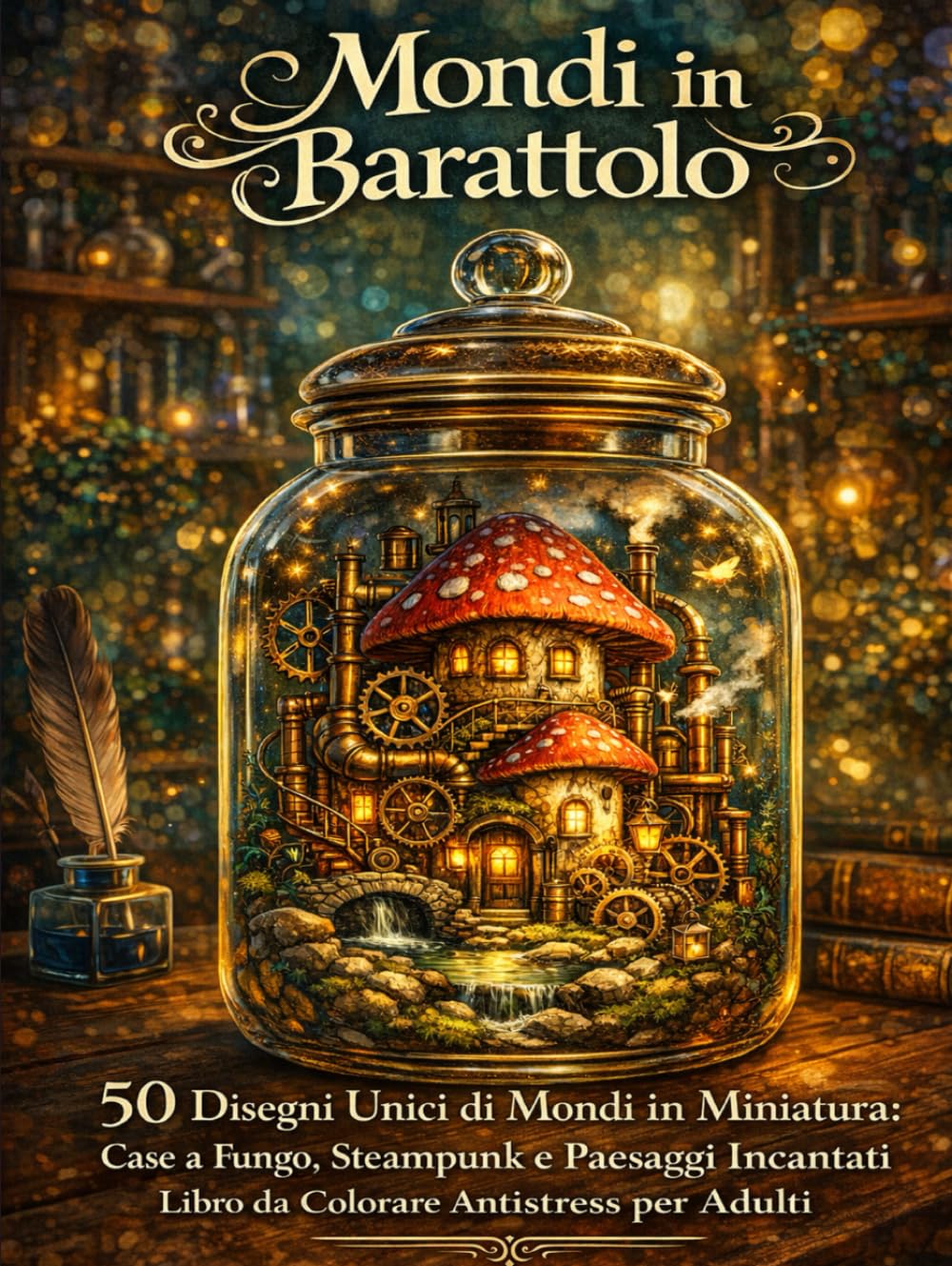 Mondi in Barattolo: 50 Disegni Unici di Mondi in Miniatura: Case a Fungo, Steampunk e Paesaggi Incantati | Libro da Colorare Antistress per Adulti