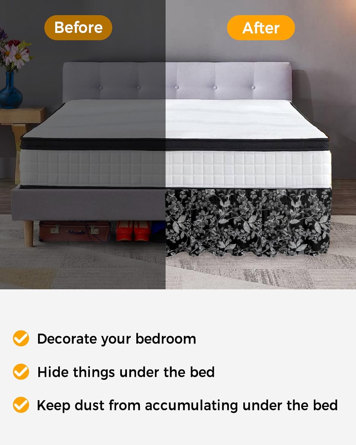 Black Flower Bed Skirt Queen Size 16 Inch Drop, Adjustable & Elastic Wrap Around Bed Skirts Pleated Luxury Dust Ruffles for Twin Full Queen Cal King Base Bed, Vintage Abstract Fall Leaves Flroal