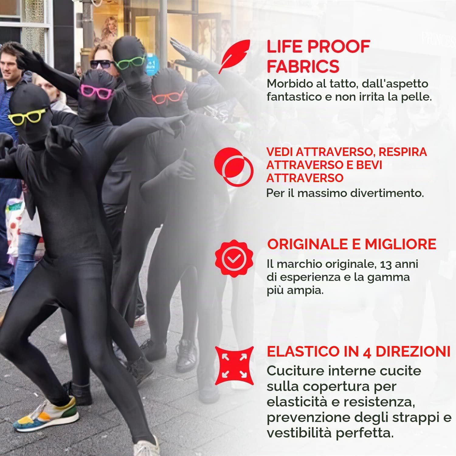 Morphsuits Morphsuit Nera Adulto, Zentai Tuta Nera Adulto, Tuta Intera Uomo, Travestimenti Carnevale Uomo, Costumi Halloween Uomo XL