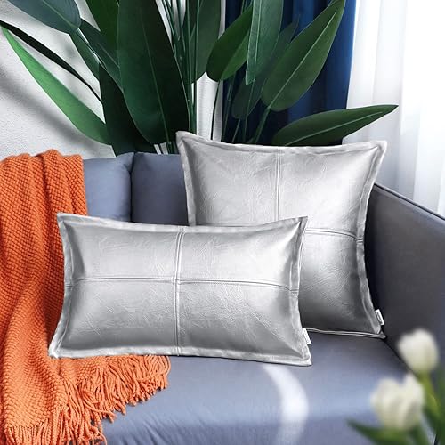 Miniatura 3 de BRAWARM Almohada de cuero plateado de 16 x 16 pulgadas, funda de almohada de piel sintética con ribetes, fundas de almohada decorativas de cuero
