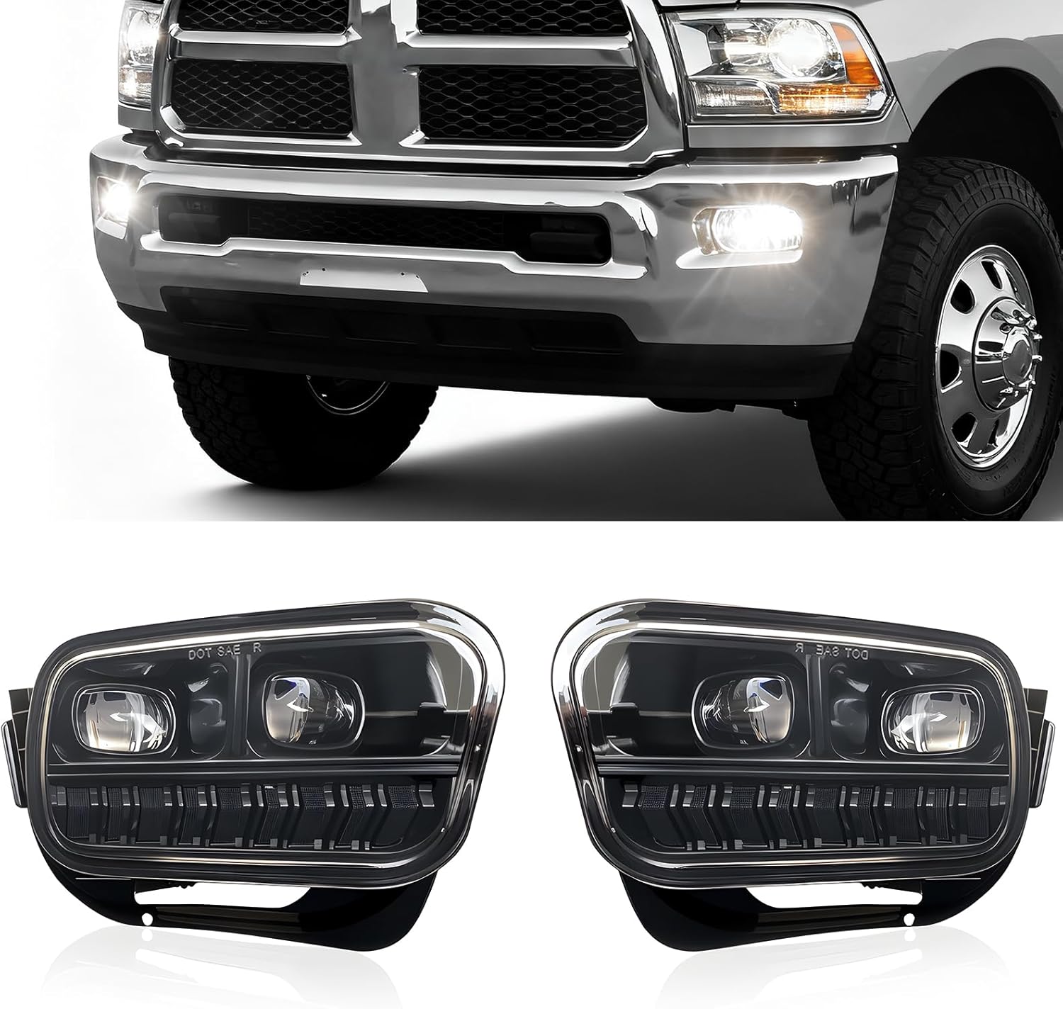 LED Fog Lights Assembly Compatible with 2009-2012 Dodge Ram 1500 2010-2018 RAM 2500 3500 Front Bumper Driving Fog Lamps with Brackets H10 12V 42W Halogen Bulbs Clear Lens