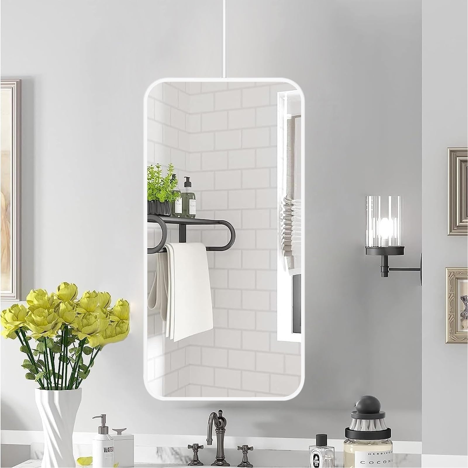 Prostokątne lustro sufitowe, biała metalowa rama, kwadratowe lustro wiszące do łazienki, idealne do domu lub hotelu, szkło dekoracyjne i minimalistyczne (50 cm x 70 cm)
