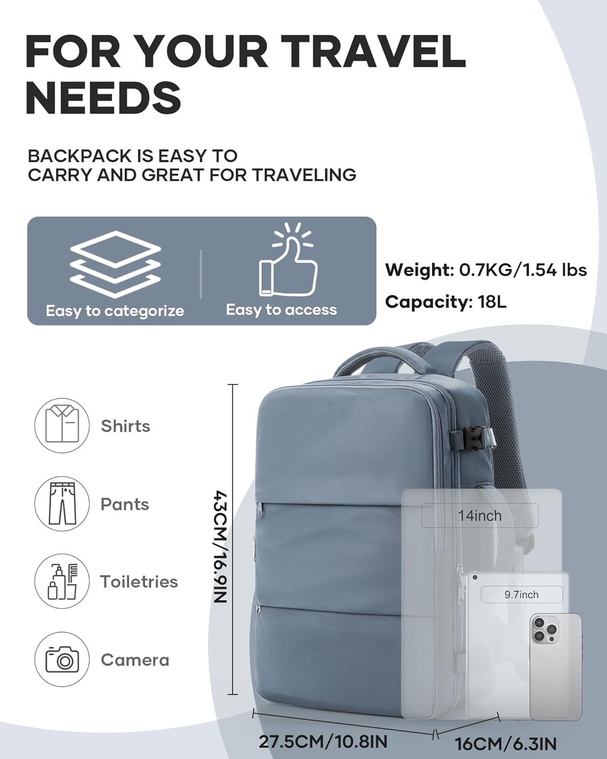 Travel Laptop Backpack For Women Men,Carry On Backpack,Airplane Travel Essentials For Women,Personal Item Travel Bag Laptop Work Backpacks,Grey Blue