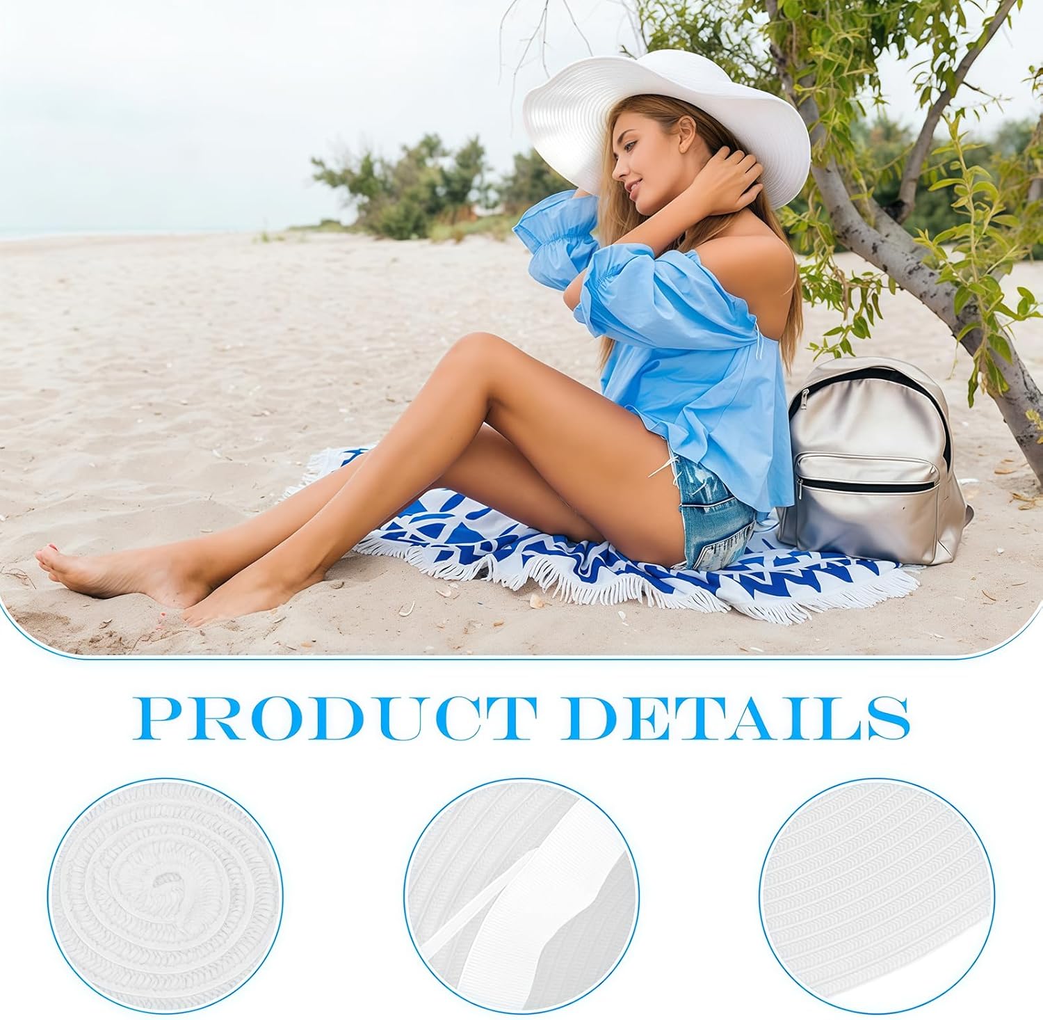 Womens Floppy Straw Hat Wide Brim Foldable Packable Braid Cap UV Protection Summer Gardening Hiking Beach Sun Hat for Head Circumference 58cm(White) - Image 3