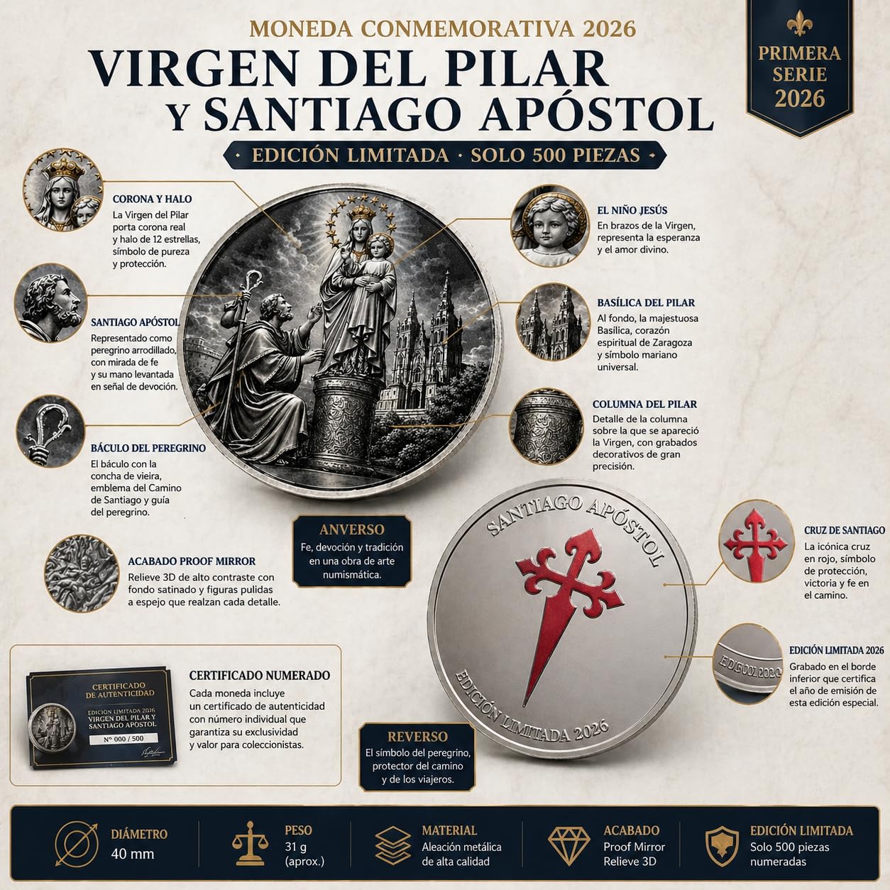 Genérico Moneda Conmemorativa Virgen del Pilar y Santiago Apóstol 2026 – Edición Limitada 500 Piezas – Moneda Coleccionista 40 mm – Acabado Proof Mirror – Certificado Numerado